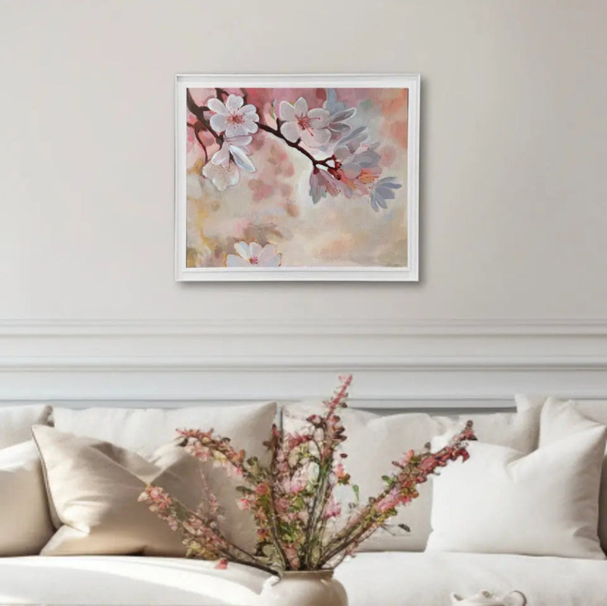 Sakura artwork in neutral interior setting