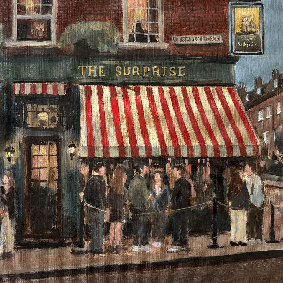 Original oil painting of The Surprise pub on Christchurch Terrace, Chelsea, London, by Minuca Sostres, with its green frontage, red and white striped awning and drinkers on the pavement.