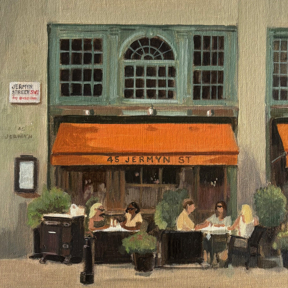 Original oil painting of 45 Jermyn St., the Fortnum & Mason restaurant in St James's, London, by Minuca Sostres, with its orange awning and diners at the pavement tables.