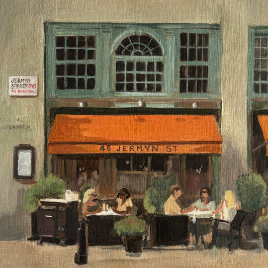 Original oil painting of 45 Jermyn St., the Fortnum & Mason restaurant in St James's, London, by Minuca Sostres, with its orange awning and diners at the pavement tables.