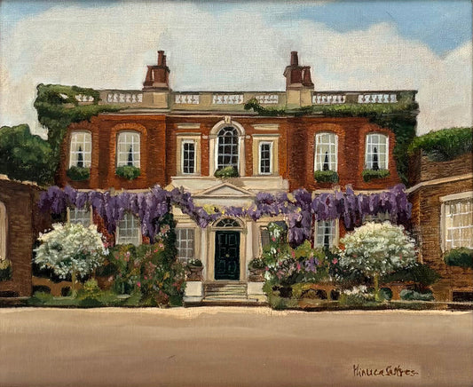 Oil painting of Bridgerton House by Minuca Sostres, showing its red-brick façade, purple wisteria and white flowering shrubs.