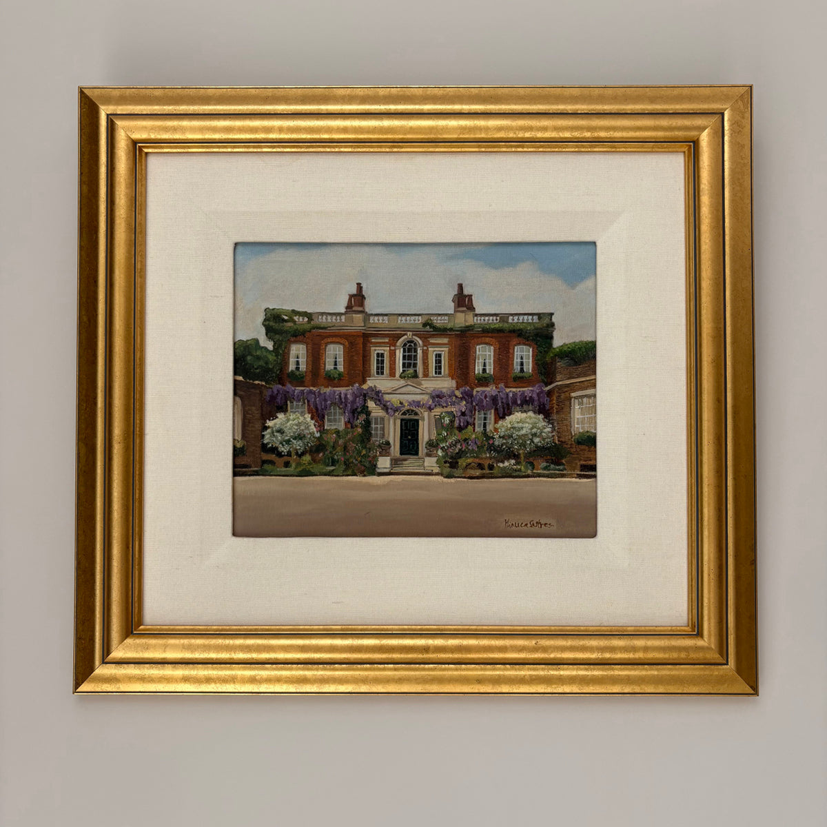 Oil painting of Bridgerton House by Minuca Sostres, showing its red-brick façade, purple wisteria and white flowering shrubs.