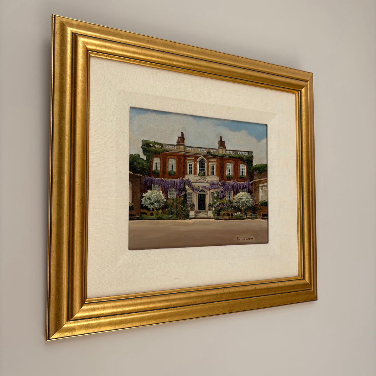 Oil painting of Bridgerton House by Minuca Sostres, showing its red-brick façade, purple wisteria and white flowering shrubs.