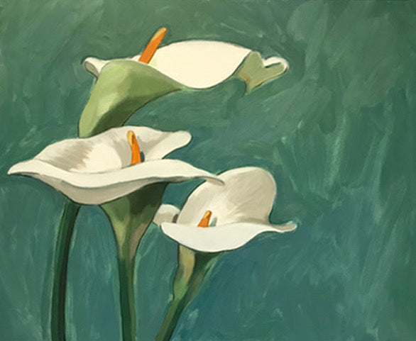 Artistic depiction of white lilies with green leaves on a textured teal background