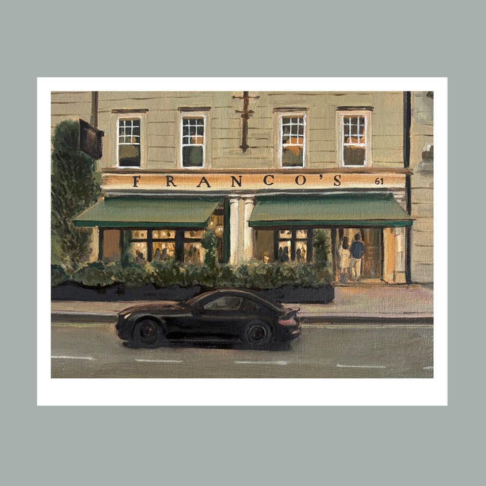 Limited edition giclée print of Franco's, the Italian restaurant in St James's, London, by Minuca Sostres.