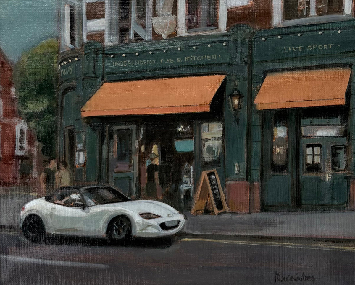 Oil painting of Independent Pub & Kitchen by Minuca Sostres, showing its dark green façade, orange awnings and a white convertible outside.