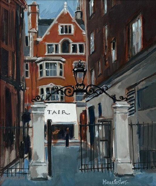 Painting of a street in Mayfair in London  with a building architectural details.