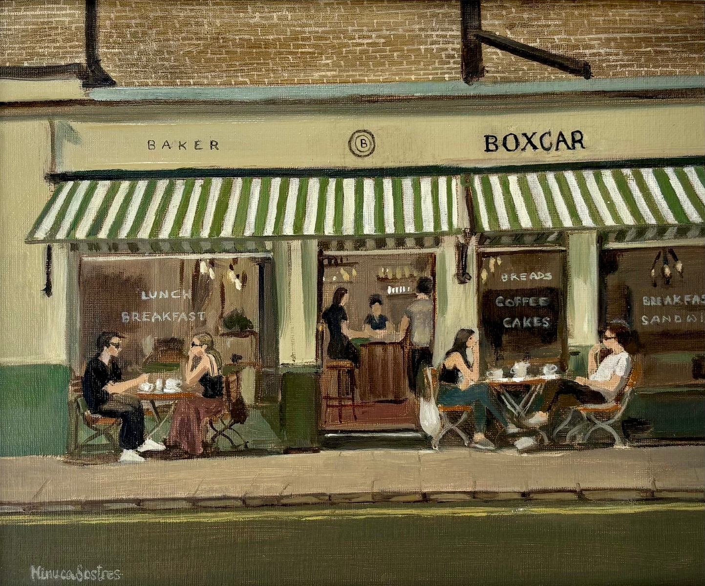 Original oil painting of Baker Boxcar bakery in London by Minuca Sostres, featuring the iconic striped awnings, outdoor seating and neighbourhood café atmosphere.