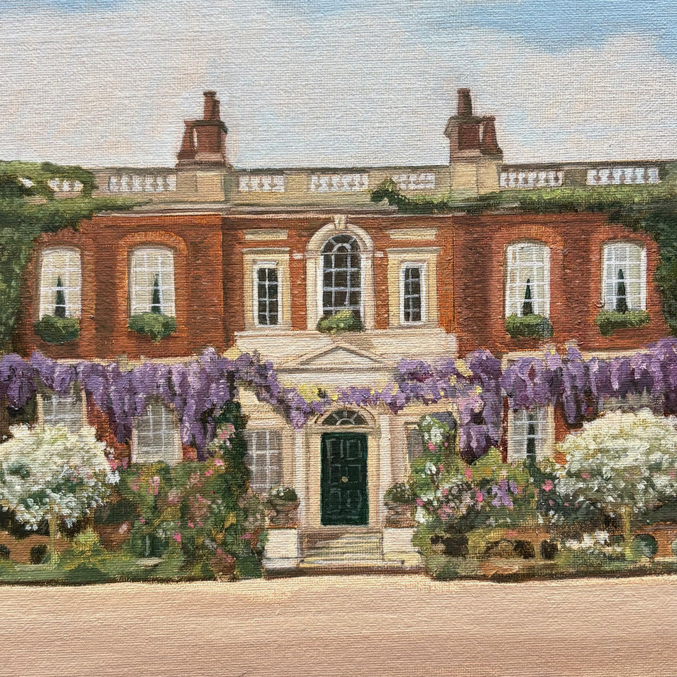 Original oil painting of Ranger's House in Greenwich, London, used as the Bridgerton house on screen, by Minuca Sostres, showing the Palladian mansion facade.