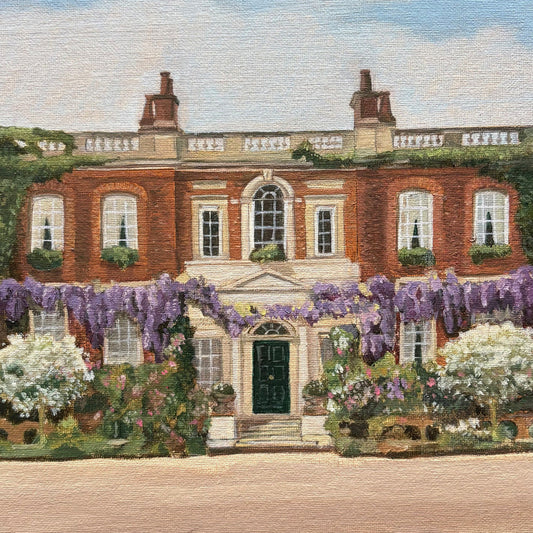 Original oil painting of Ranger's House in Greenwich, London, used as the Bridgerton house on screen, by Minuca Sostres, showing the Palladian mansion facade.