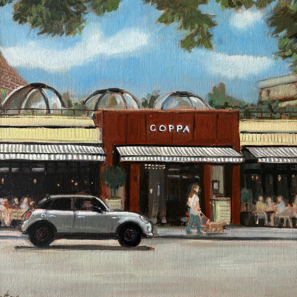 Original oil painting of Coppa Club in Cobham, Surrey, by Minuca Sostres, a relaxed neighbourhood spot for eating and drinking.