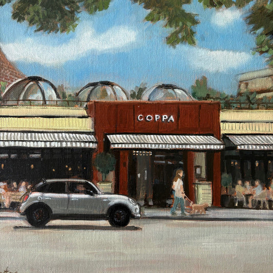 Original oil painting of Coppa Club in Cobham, Surrey, by Minuca Sostres, a relaxed neighbourhood spot for eating and drinking.