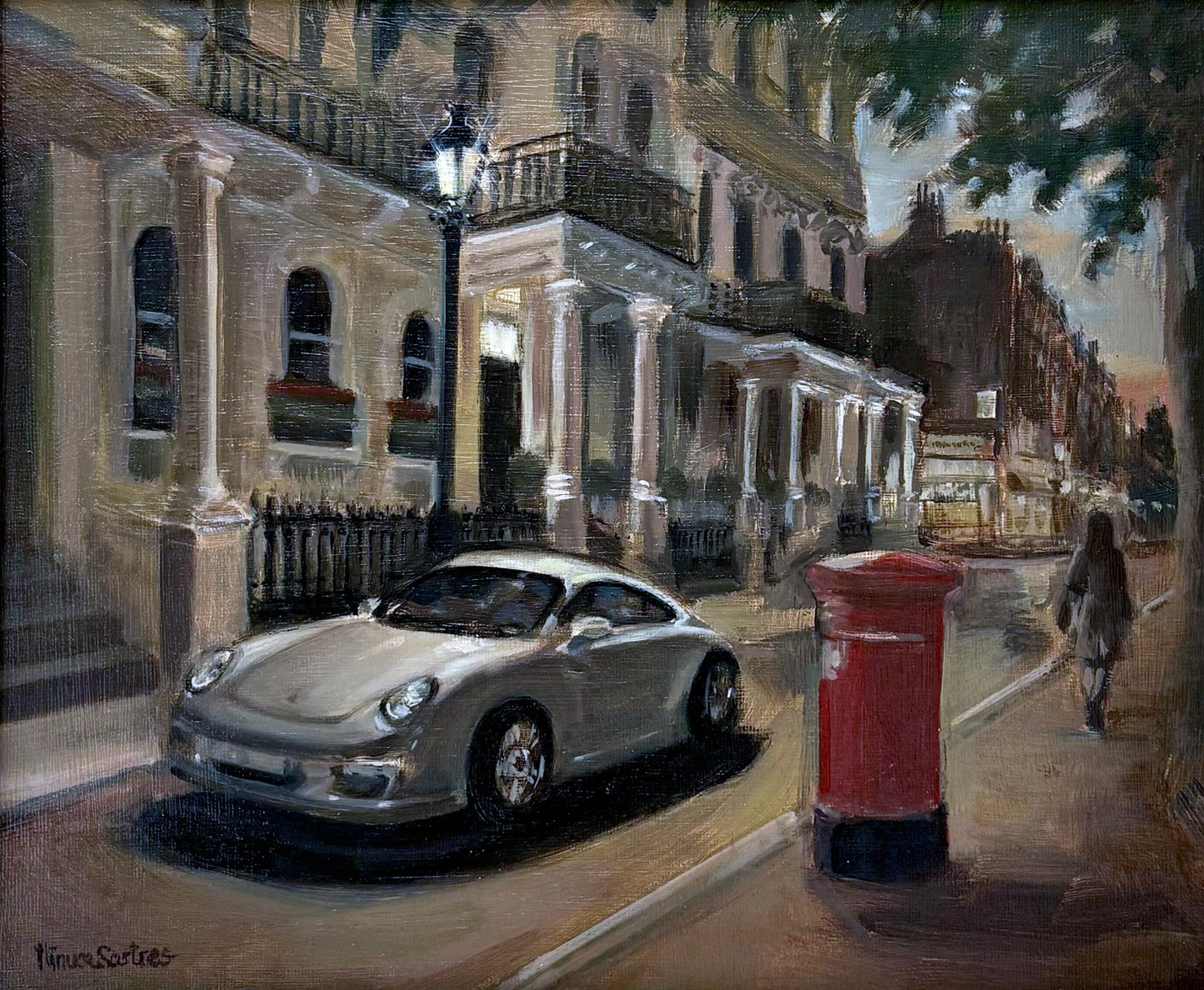 Original oil painting of a quiet street in South Kensington, London, by Minuca Sostres, featuring Victorian townhouses, a silver Porsche and an iconic red postbox at golden hour.
