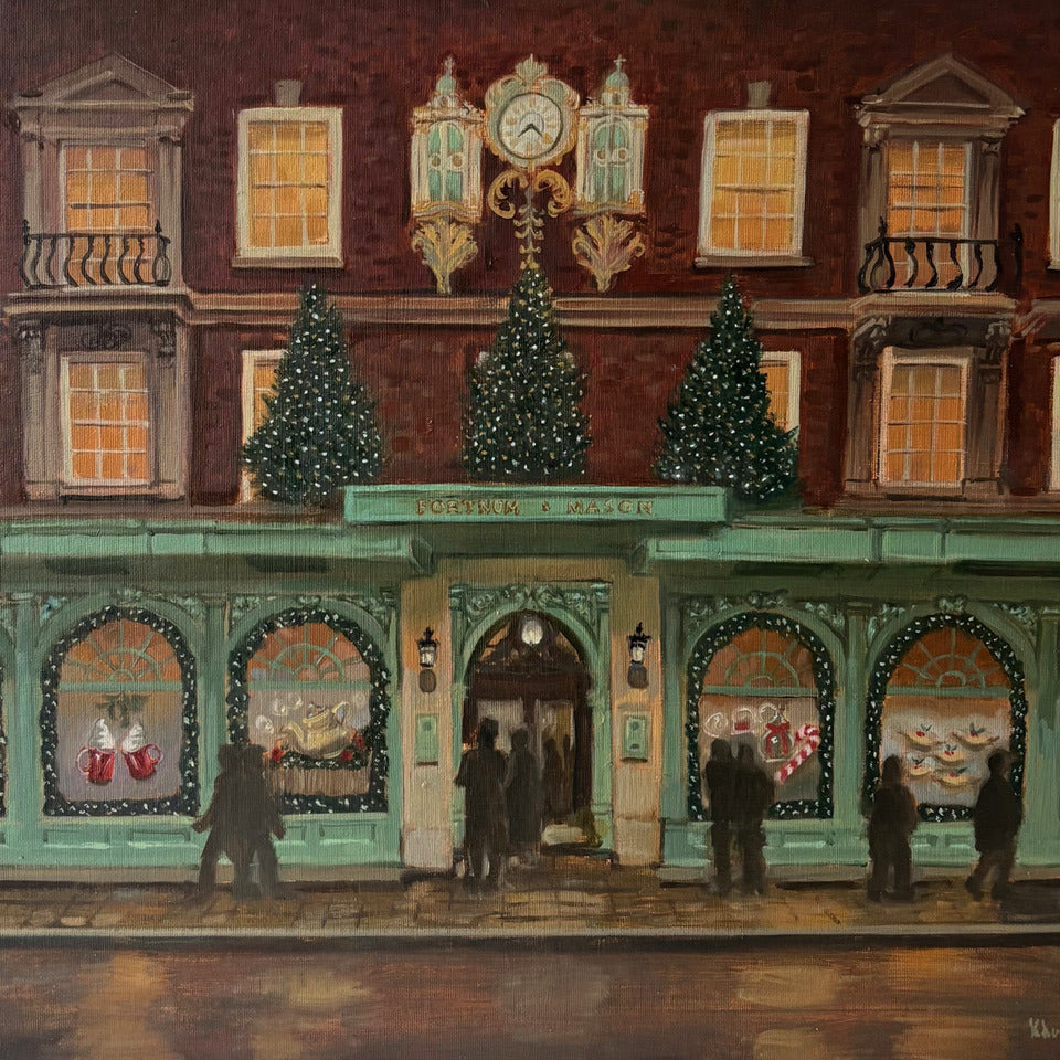 Original oil painting of the Fortnum & Mason storefront on Piccadilly, London, at Christmas by Minuca Sostres, with lit trees, garlanded windows and the clock above the entrance.