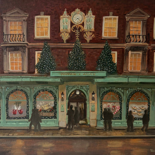 Original oil painting of the Fortnum & Mason storefront on Piccadilly, London, at Christmas by Minuca Sostres, with lit trees, garlanded windows and the clock above the entrance.