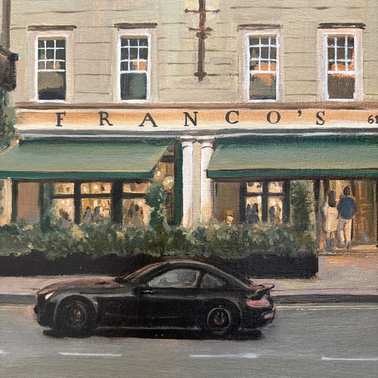 Original oil painting of Franco's, the Italian restaurant in St James's, London, open since 1945, by Minuca Sostres, showing its elegant facade.