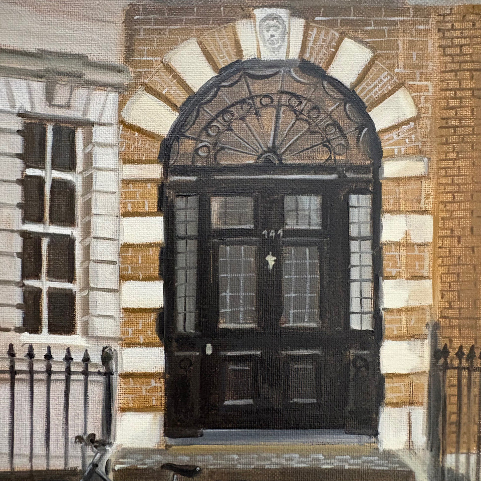 Original oil painting of a Georgian London doorway by Minuca Sostres, with stone quoins, a fanlight above the door and a bicycle leaning against the railings.