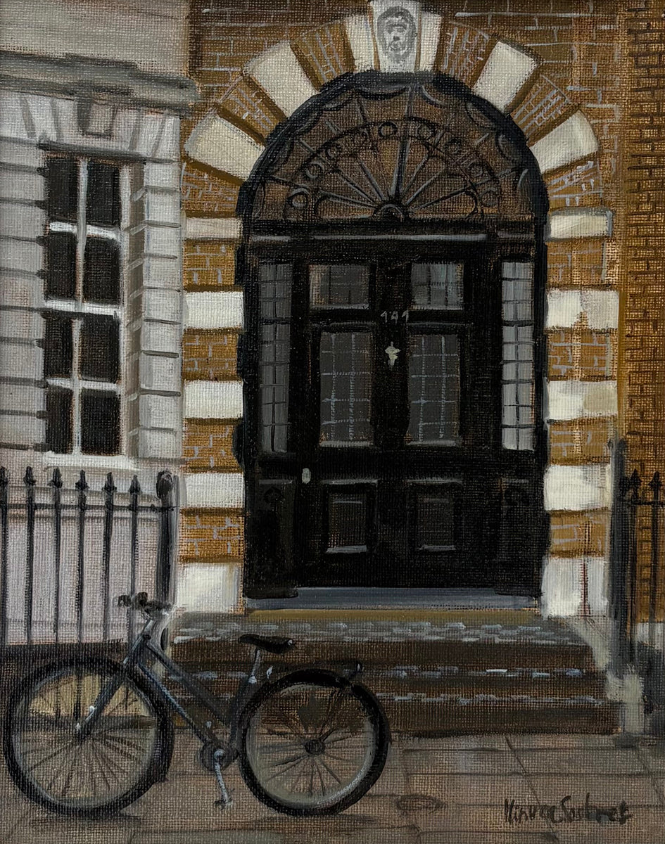Oil painting of a London doorway by Minuca Sostres, showing black double doors beneath a brick arch and a bicycle parked outside.