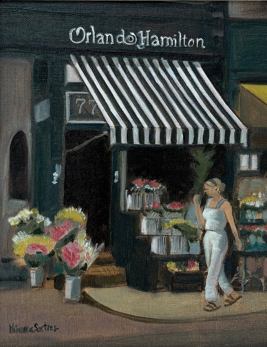 Oil painting of Orlando Hamilton flower shop by Minuca Sostres, showing bouquets beneath a striped awning and a woman walking past.