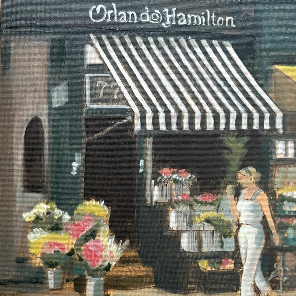 Original oil painting of the Orlando Hamilton florist by Minuca Sostres, with a black and white striped awning and buckets of peonies and roses on the pavement.