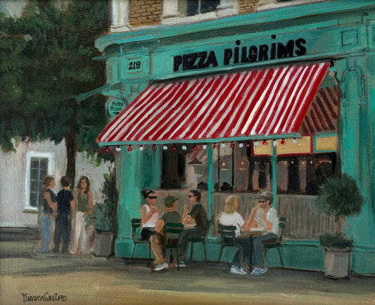 Oil painting of Pizza Pilgrims by Minuca Sostres, showing its turquoise storefront, red-and-white striped awning and people seated outside.