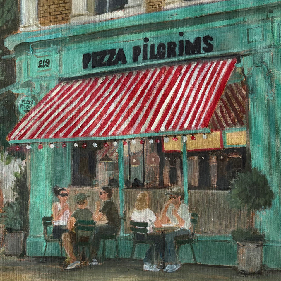 Original oil painting of the Pizza Pilgrims storefront by Minuca Sostres, with its green tiled facade, red and white striped awning and friends at the pavement tables.