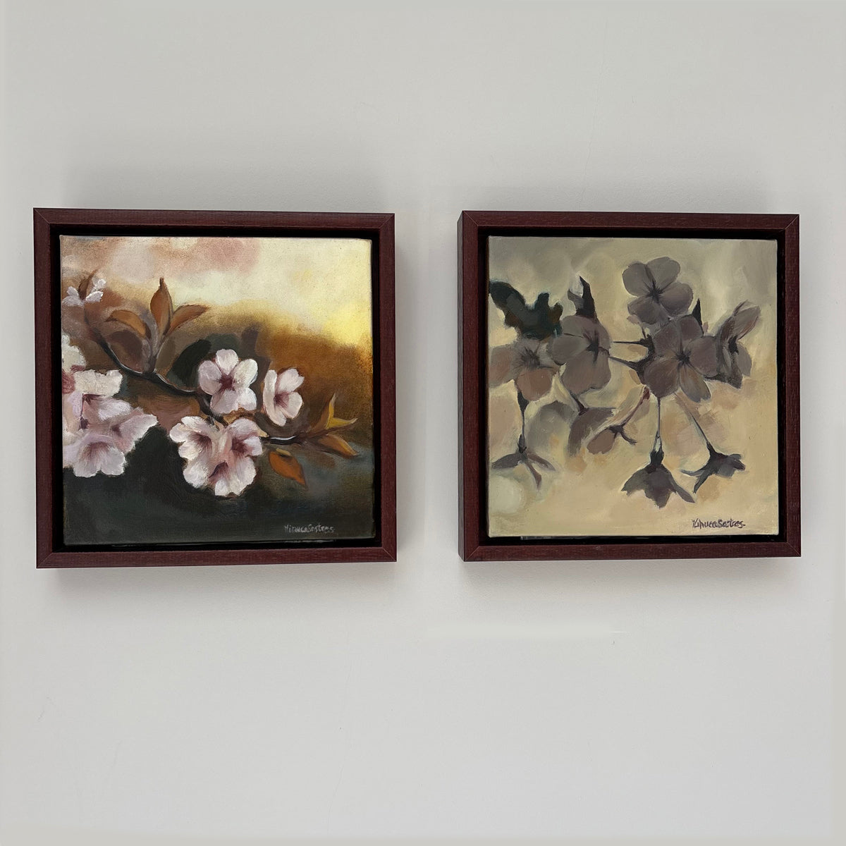 Framed original sakura paintings with soft pastel tones blossoms