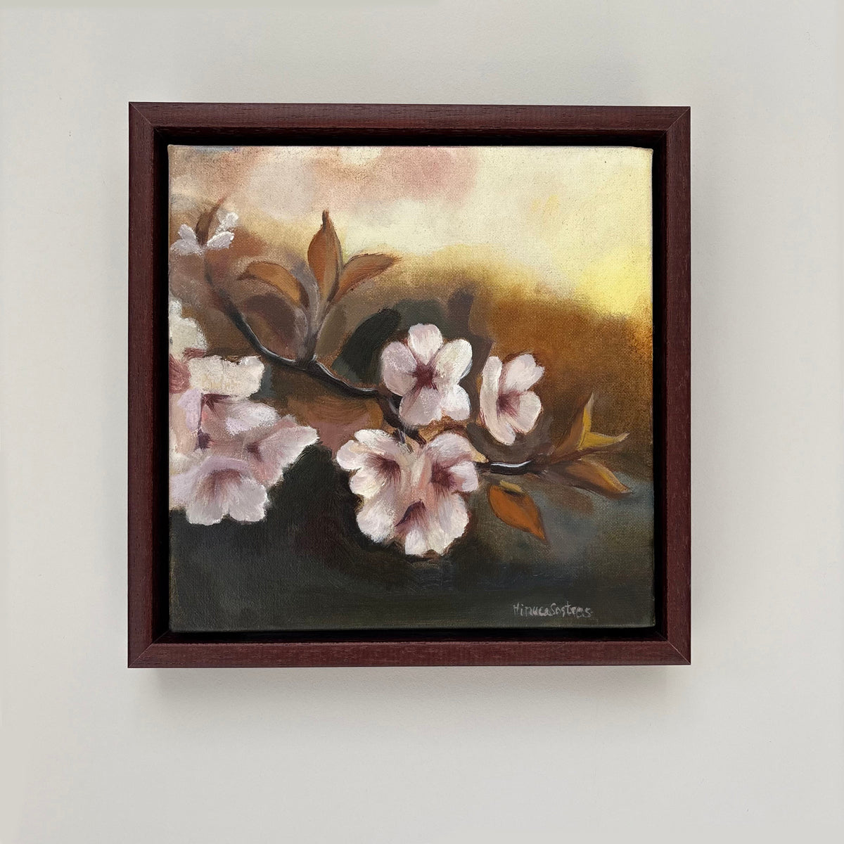 Framed original sakura painting with soft pink blossoms