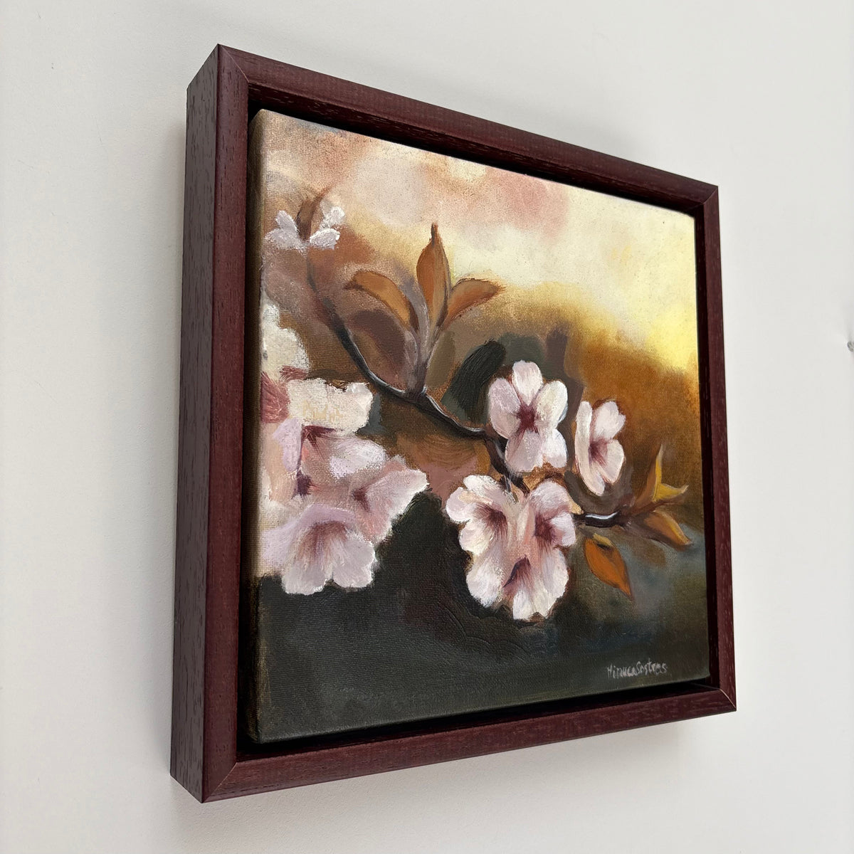 Framed original sakura painting with soft pink blossoms
