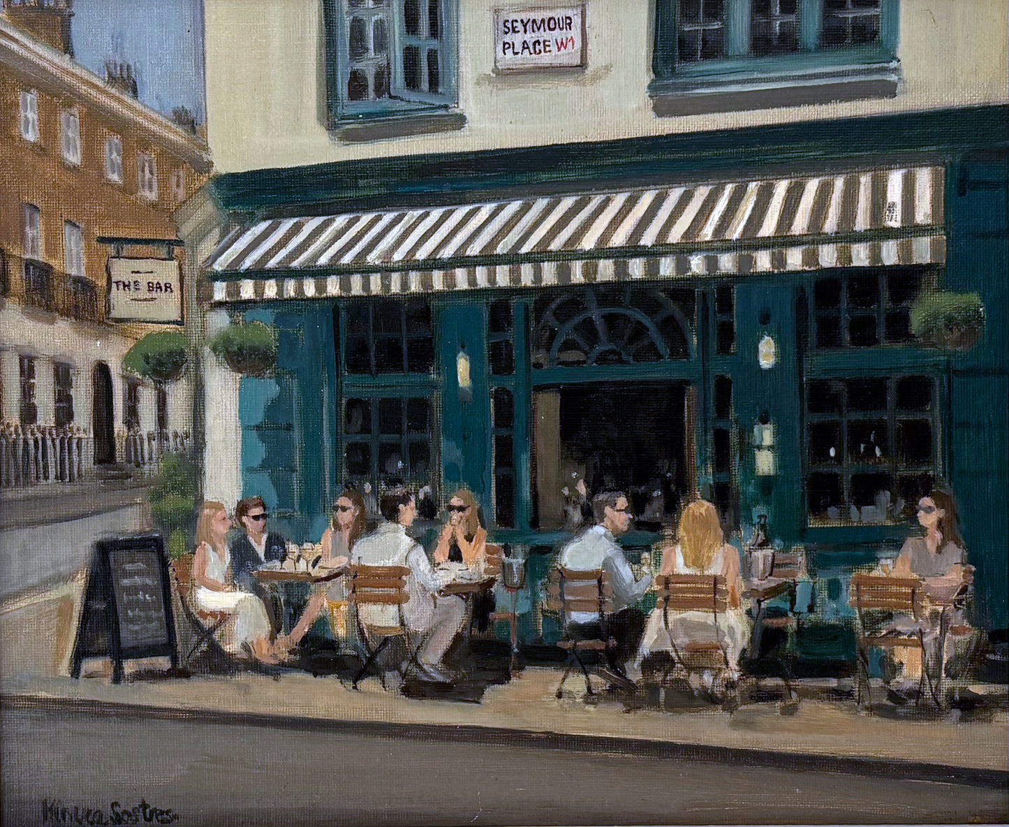 Original oil painting of The Bar at Seymour Place in Marylebone, London, by Minuca Sostres, featuring the elegant green storefront, striped awning and outdoor terrace.