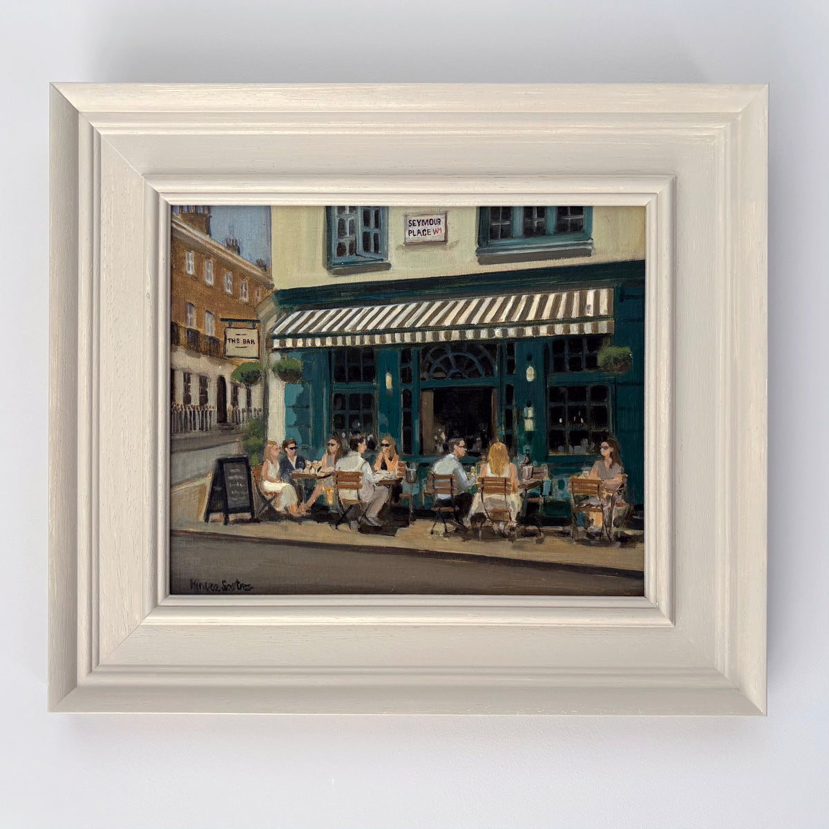 Original oil painting of The Bar at Seymour Place in Marylebone, London, by artist Minuca Sostres. Framed, signed and ready to hang. Part of the Urban Landscapes collection.