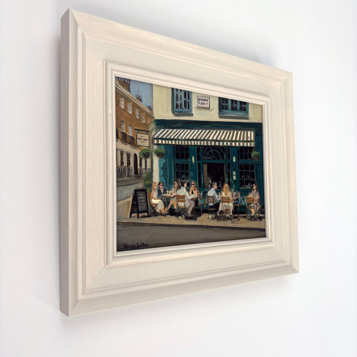 Original oil painting of The Bar at Seymour Place in Marylebone, London, by artist Minuca Sostres. Framed, signed and ready to hang. Part of the Urban Landscapes collection.