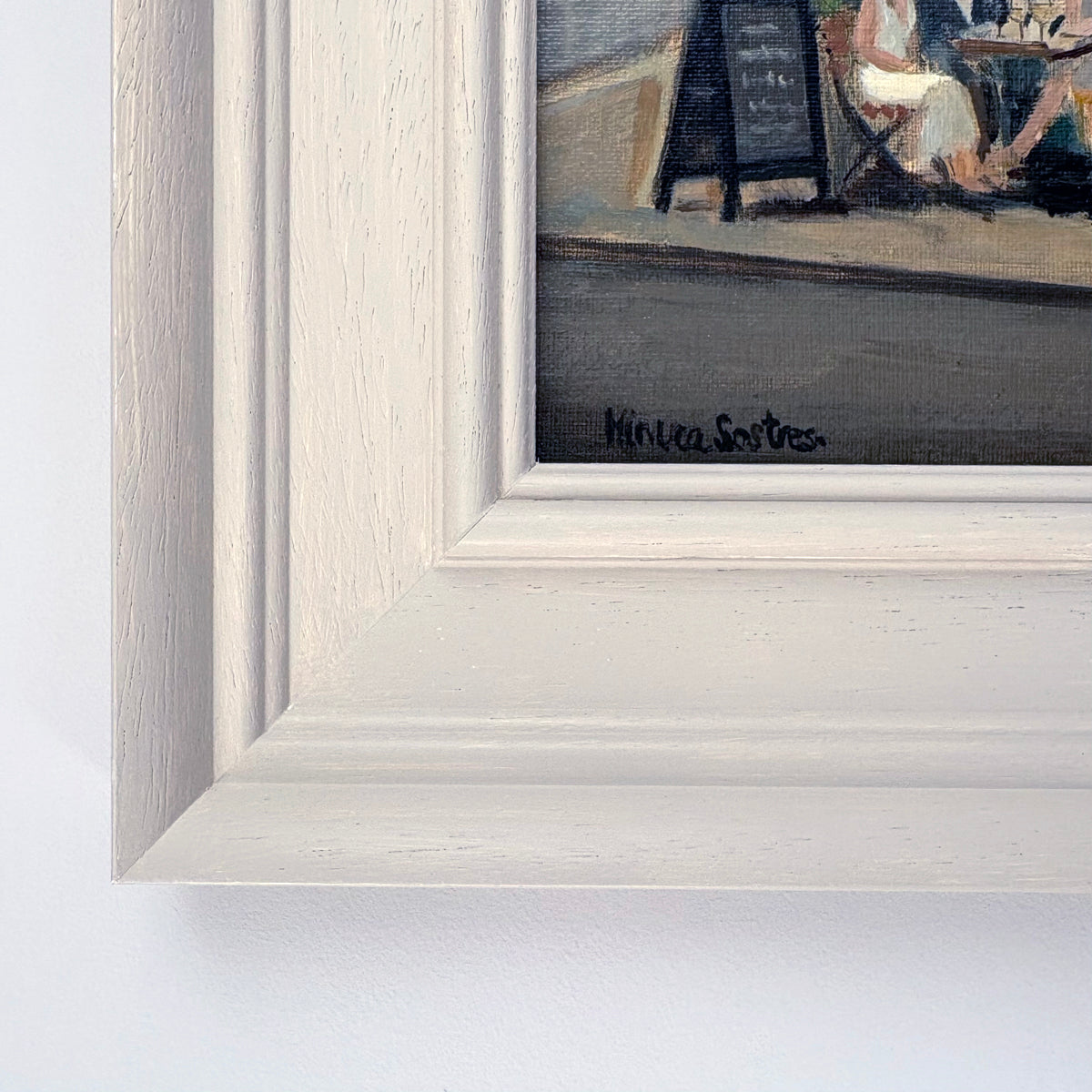 Detail of original oil painting of The Bar at Seymour Place in Marylebone, London, by artist Minuca Sostres. Framed, signed and ready to hang. Part of the Urban Landscapes collection.
