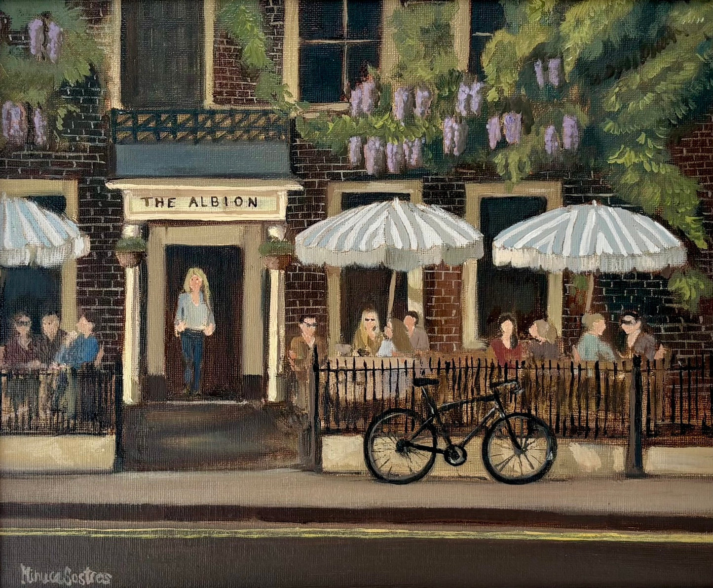 Original oil painting of The Albion pub in London by Minuca Sostres, featuring cascading wisteria, outdoor seating and elegant Victorian architecture.
