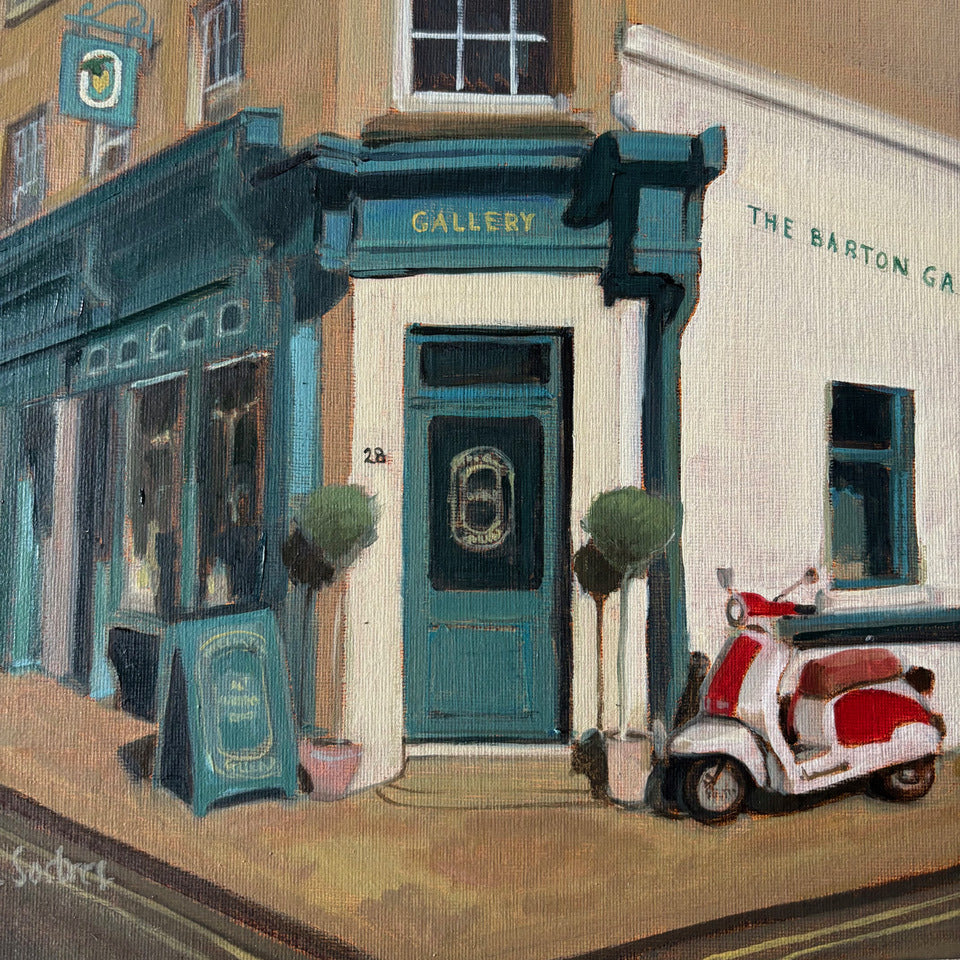 Original oil painting of The Barton Gallery in Bath by Minuca Sostres, an independent art gallery in a Georgian building in the historic centre.