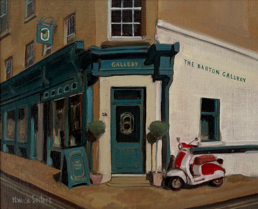 Original oil painting of The Barton Gallery in Bath by Minuca Sostres, an independent art gallery in a Georgian building in the historic centre.