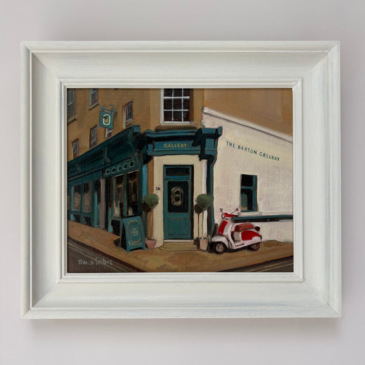 Original oil painting of The Barton Gallery in Bath by Minuca Sostres, an independent art gallery in a Georgian building in the historic centre.