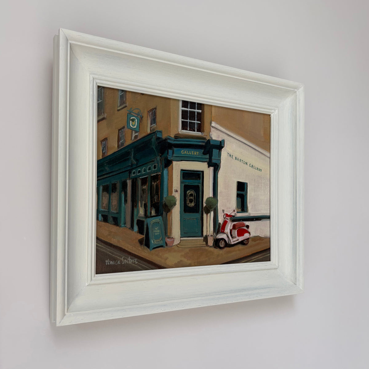 Original oil painting of The Barton Gallery in Bath by Minuca Sostres, an independent art gallery in a Georgian building in the historic centre.
