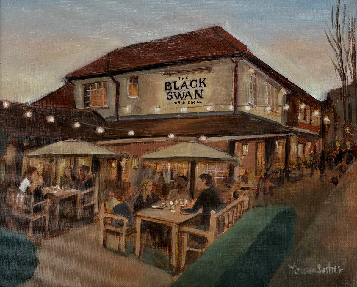 Oil painting of The Black Swan pub by Minuca Sostres, showing diners outside beneath parasols and glowing string lights at dusk.