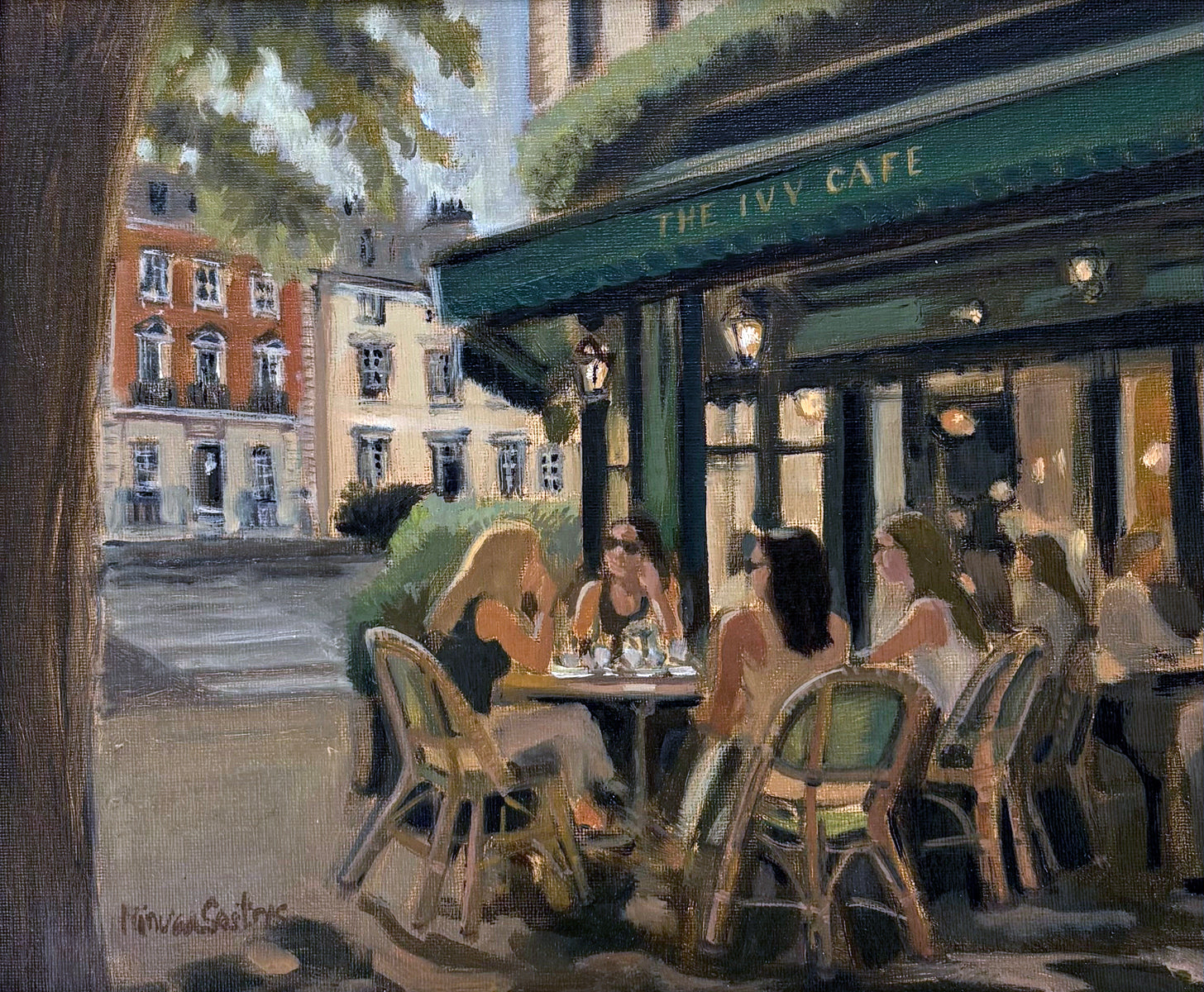 The Ivy Café London original oil painting by Minuca Sostres, capturing the iconic green façade, café terrace and the timeless atmosphere of central London.