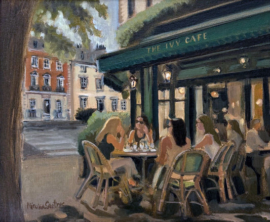 The Ivy Café London original oil painting by Minuca Sostres, capturing the iconic green façade, café terrace and the timeless atmosphere of central London.