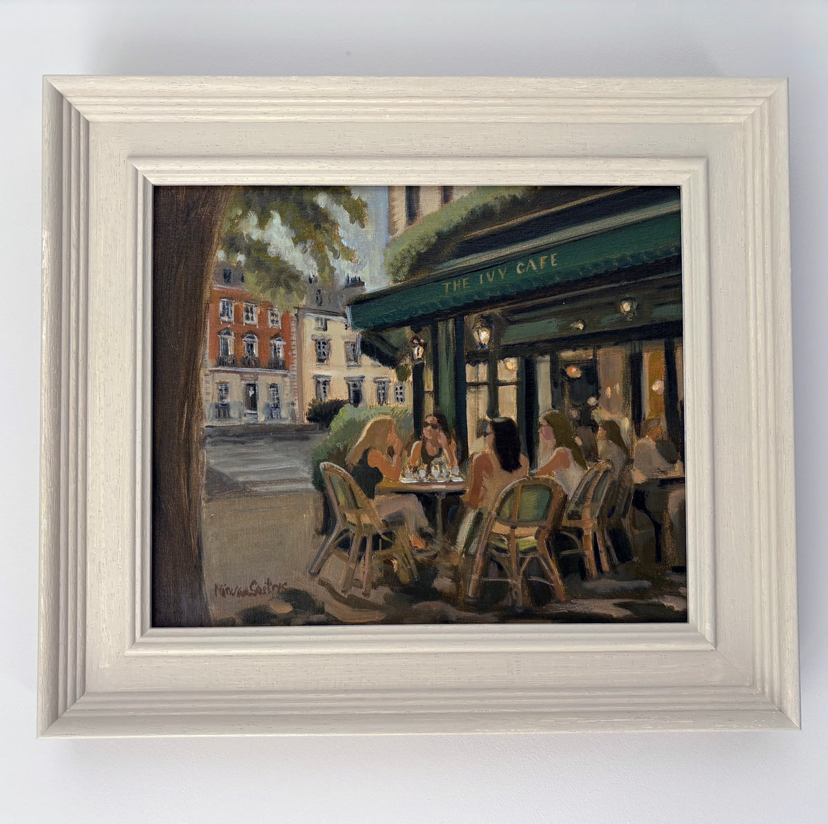 The Ivy Café London original oil painting by Minuca Sostres, capturing the iconic green façade, café terrace and the timeless atmosphere of central London.
