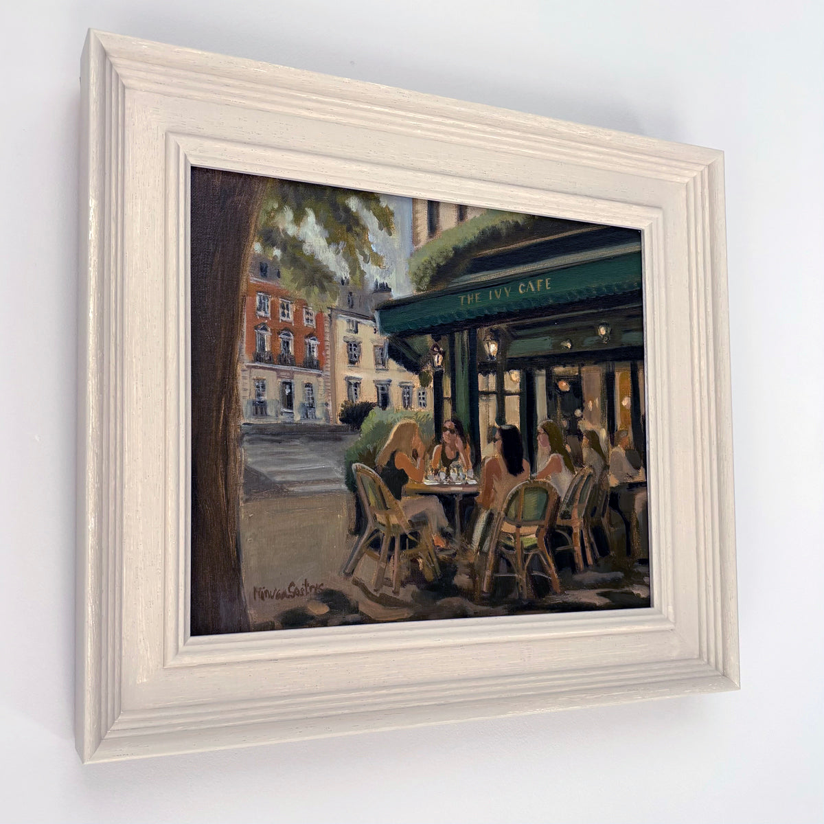 The Ivy Café London original oil painting by Minuca Sostres, capturing the iconic green façade, café terrace and the timeless atmosphere of central London.