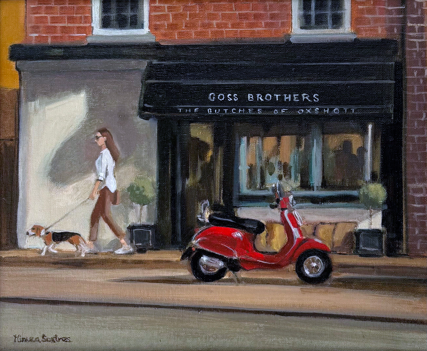Original oil painting of a red Vespa outside Goss Brothers butcher's shop in Oxshott, Surrey, by Minuca Sostres, capturing the charm of everyday English village life.