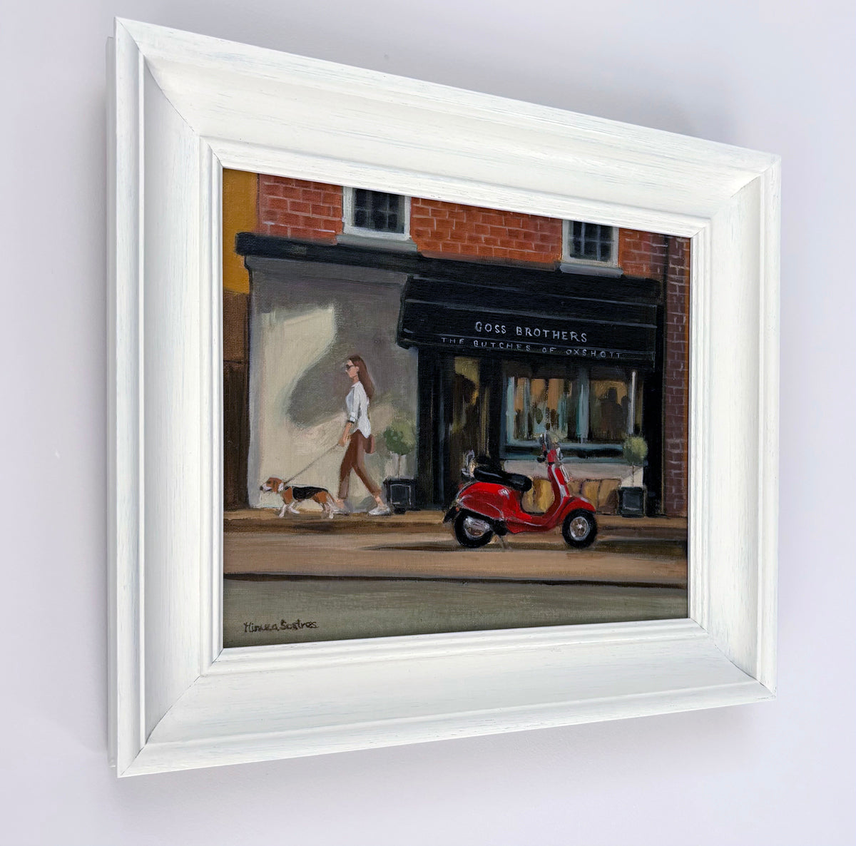 Original oil painting of a red Vespa outside Goss Brothers butcher's shop in Oxshott, Surrey, by Minuca Sostres, capturing the charm of everyday English village life.